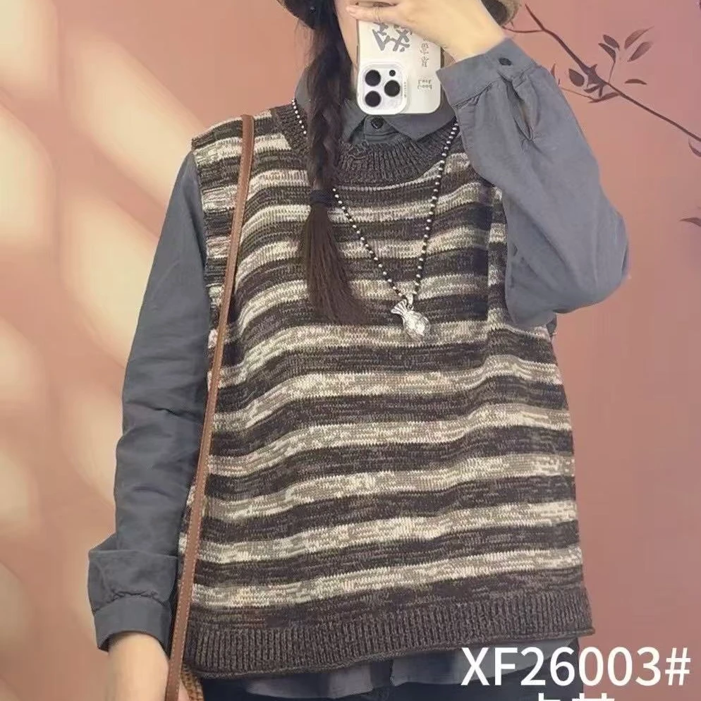 【双草】韩版时尚百搭棉针织条纹毛衣马甲复古宽松文艺显瘦潮流款
