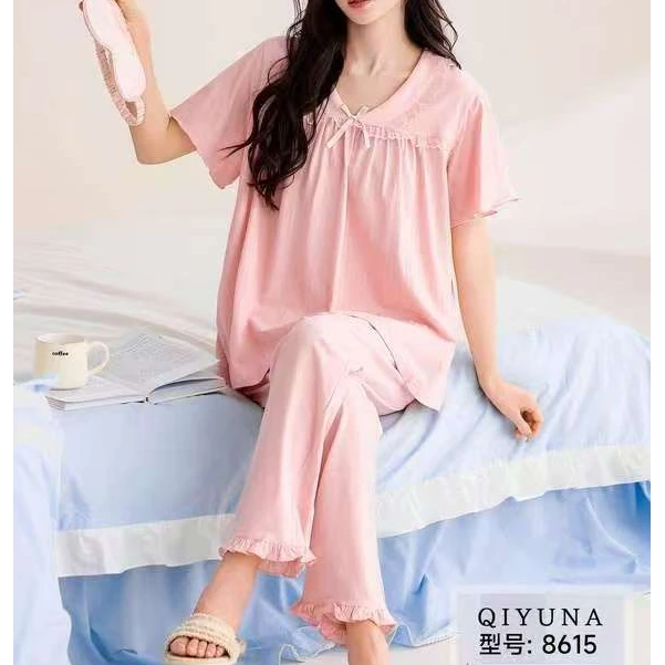 绮宇娜睡衣女夏纯棉可外穿短袖短裤长裤两件套透气舒适休闲家居服