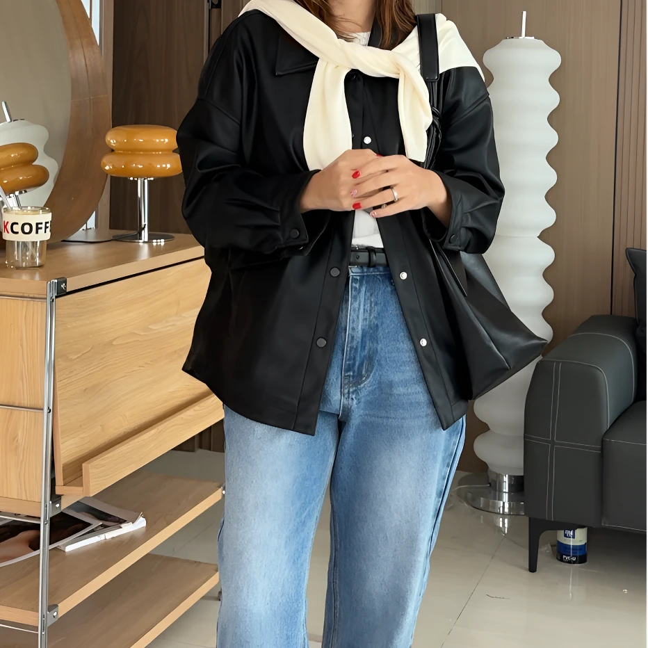 【金恩慧欧尼Hi mood】前短后长圆弧按扣翻领皮衣外套텀블레더자켓