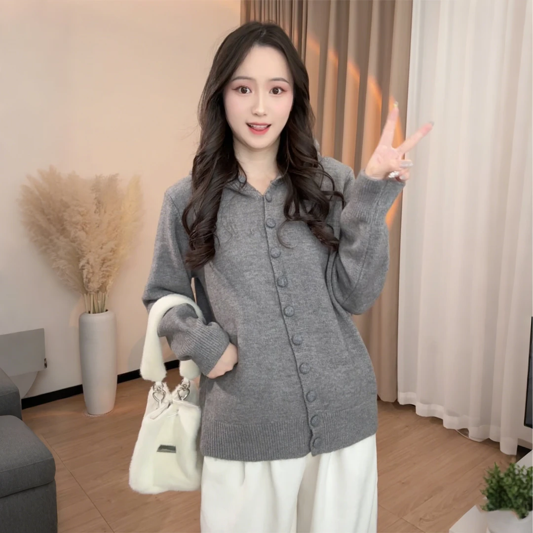 韩系软糯连帽排扣打底衫上衣女秋冬高级感慵懒风针织开衫毛衣F268