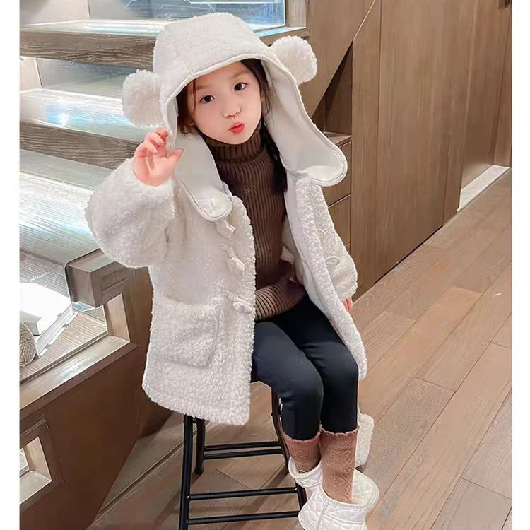 女童冬季毛毛衣加绒外套新款洋气白色外套小女孩冬装