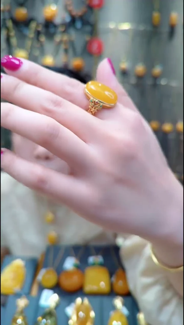 【闪购商品】蜜蜡银S925镀金镶嵌戒指B459蜜蜡戒指