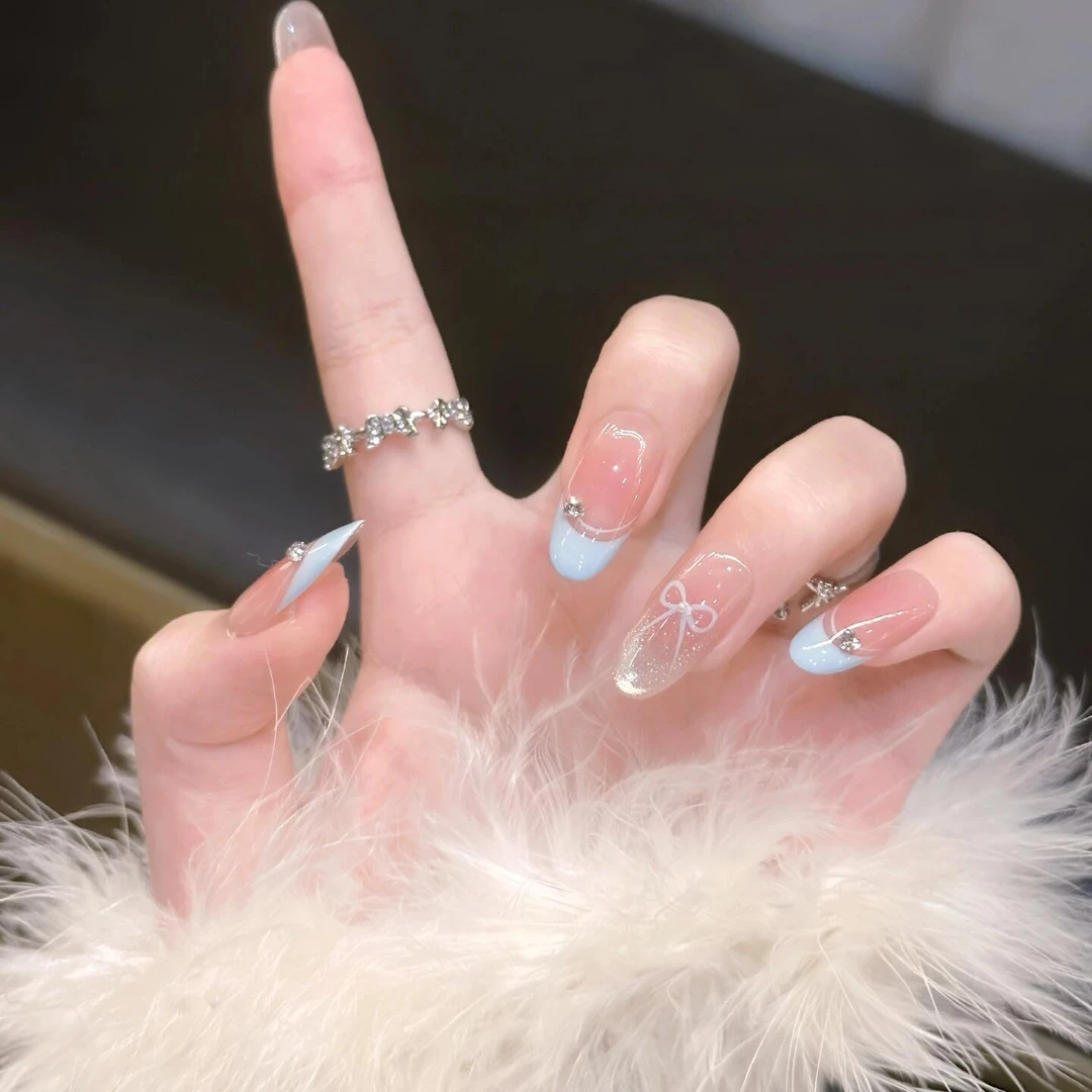 【薄荷法式】夏日法式手工穿戴甲中短款蝴蝶结显白清透猫眼美甲贴片