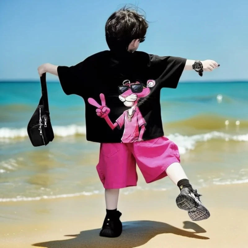 男童短袖夏款2025夏季新款儿童潮酷粉红豹圆领纯棉半袖套装潮爆款