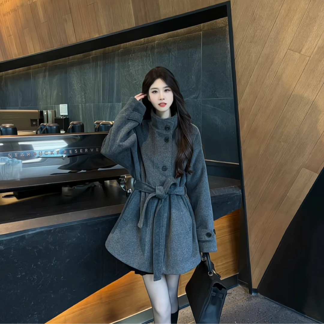 冬日暮色SP冬季厚毛呢外套甜妹黑色高级设计感短款大衣女【N492】