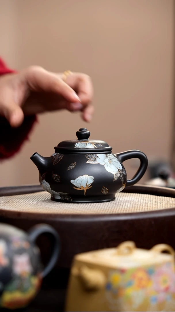 茶壶紫砂捂灰朱泥银牡丹元宝石瓢