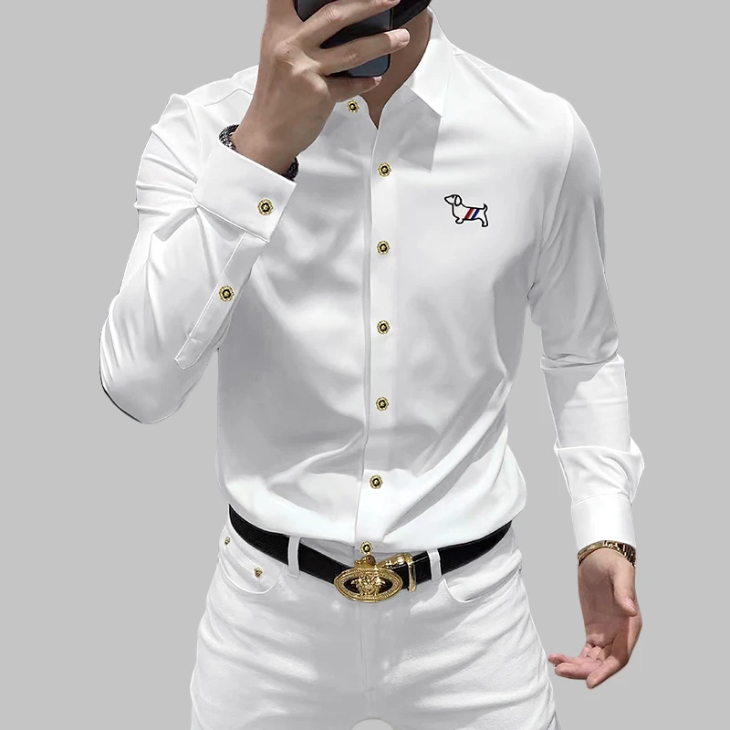 高端长袖衬衫男士商务休闲修身轻奢高级感免烫刺绣抗皱弹力白衬衣