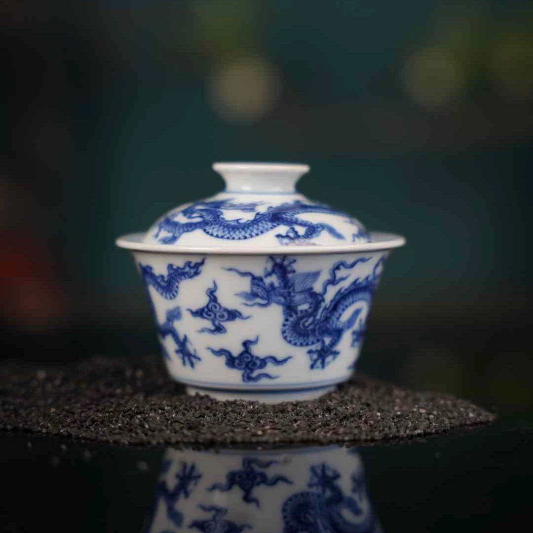 望月怀古青花三龙马蹄盖碗景德镇陶瓷高端茶具包邮