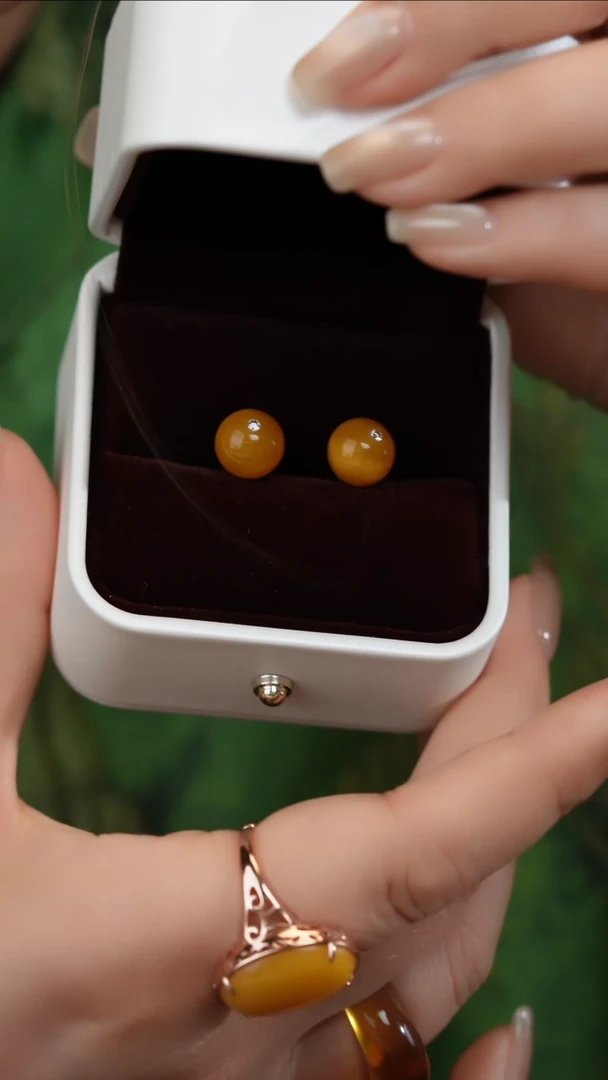 琥珀银S925镀金镶嵌耳饰圆珠耳钉 （多样性发货）