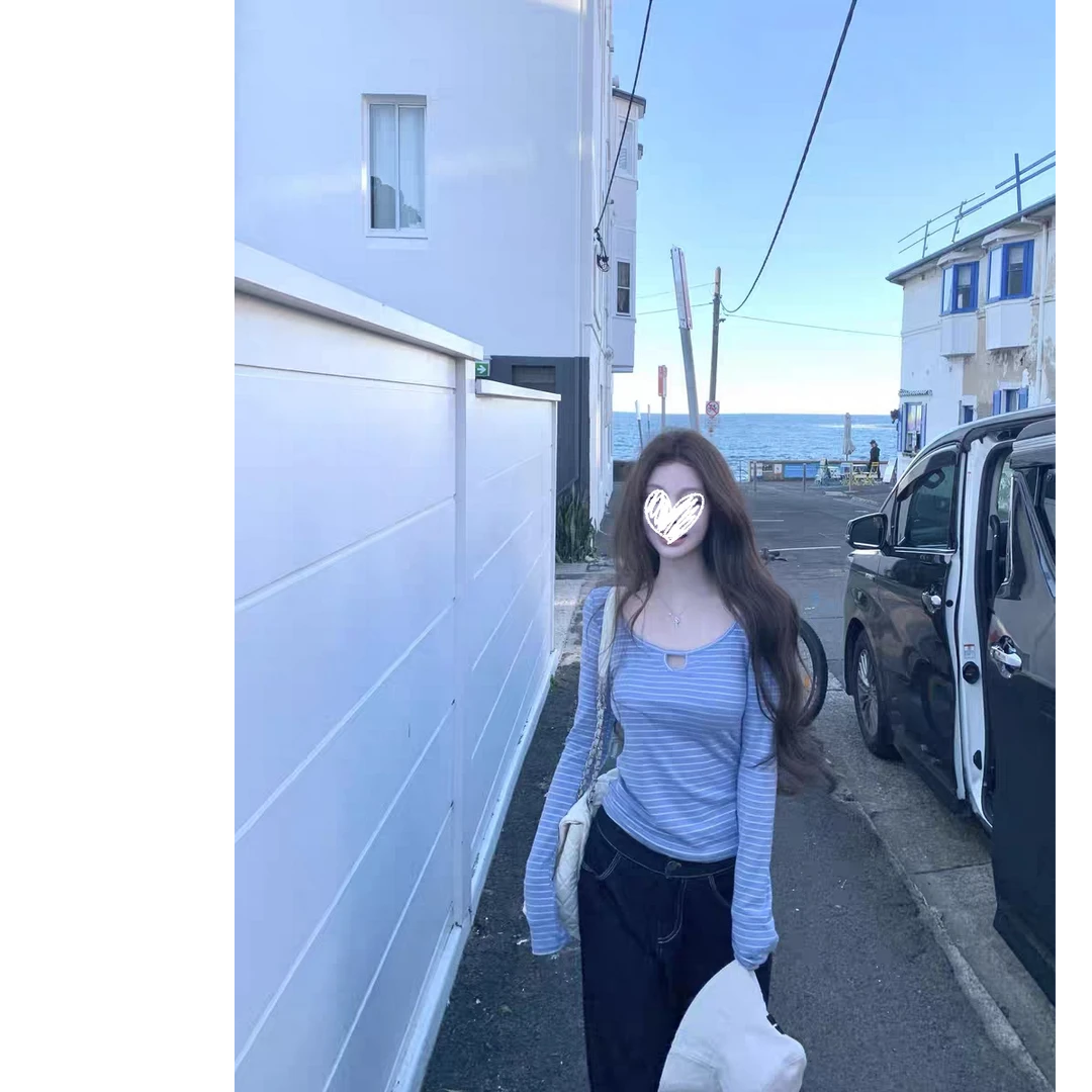 纯欲大圆领复古条纹修身内搭T恤镂空设计不规则领口上衣#Y1953