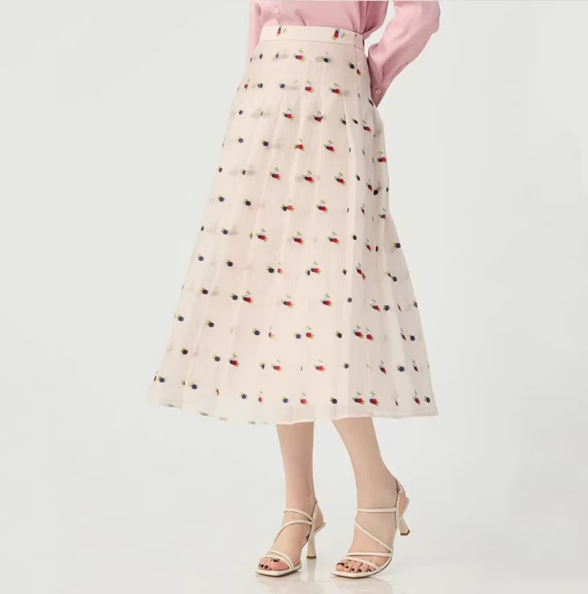 【商场同款】打褶提花半身裙淡雅甜美花色百搭舒适高腰A字裙520006