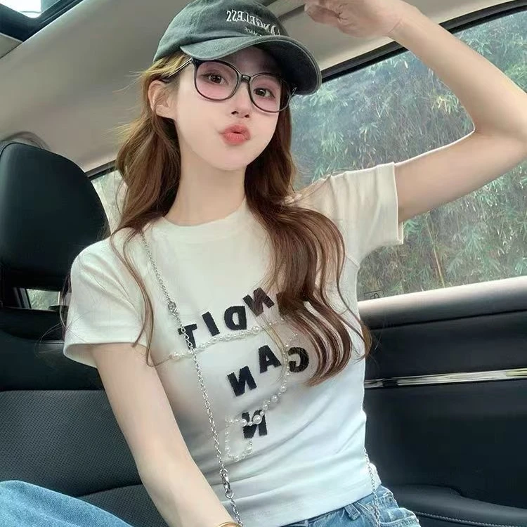 白色钉珠正肩短袖t恤女夏季设计感小众修身绝美短款上衣2025新款