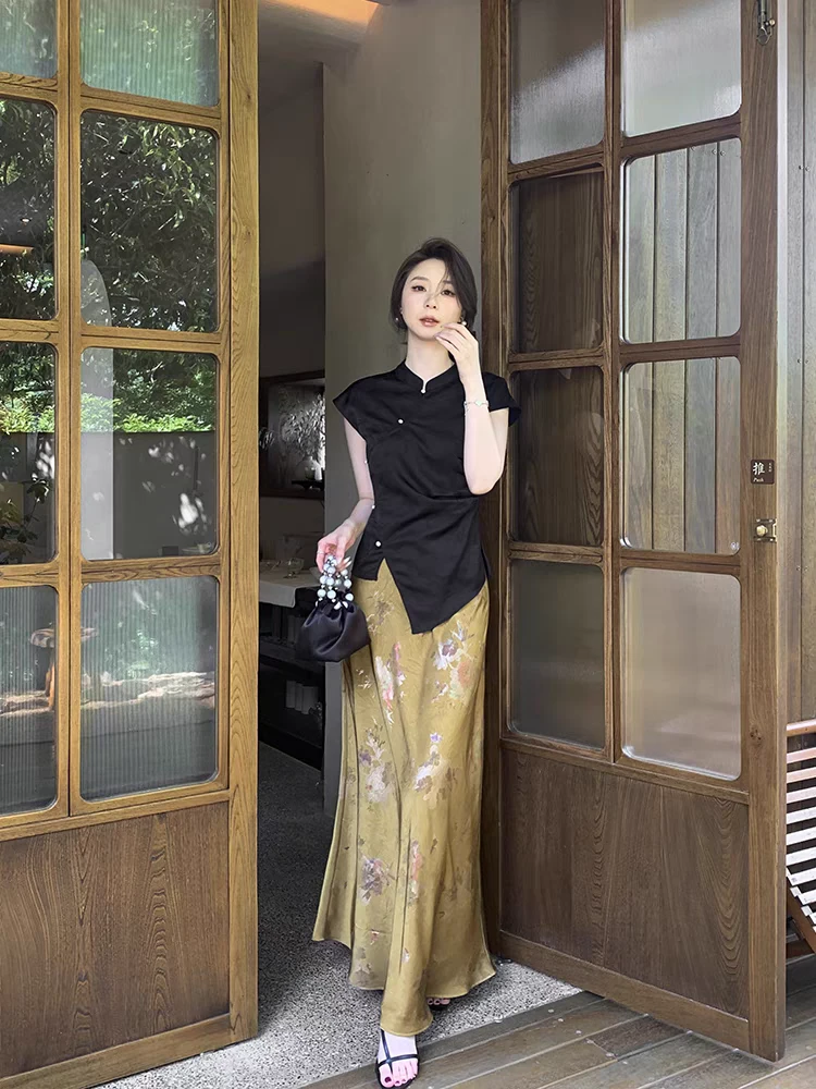 【运补8元】2025春夏新款植物印花修身贵气高质感鱼尾裙新中式长裙