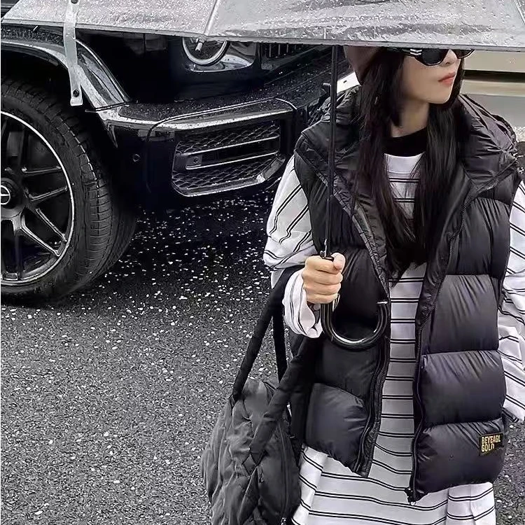 黑金马甲男女同款马甲连帽时尚秋冬黑色保暖加厚短款百搭背心外穿