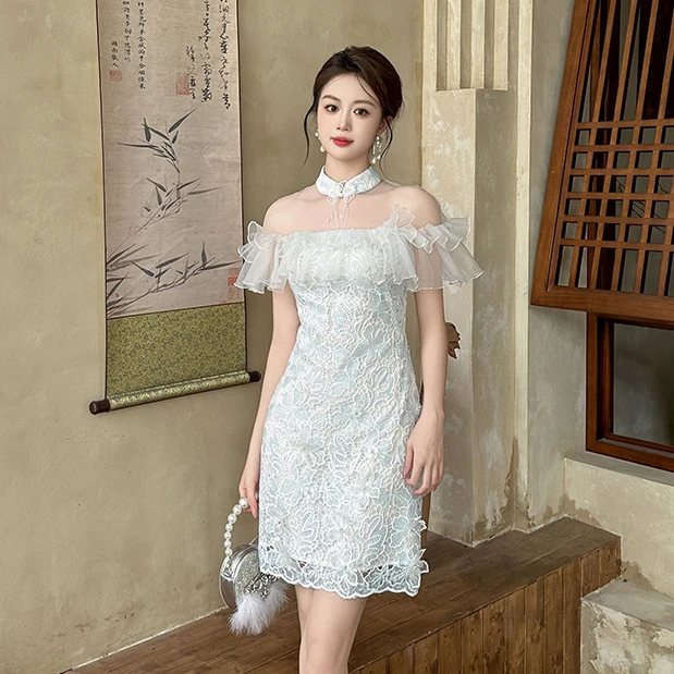 2025夏季新款女装新中式改良少女旗袍荷叶边收腰蕾丝连衣裙21157