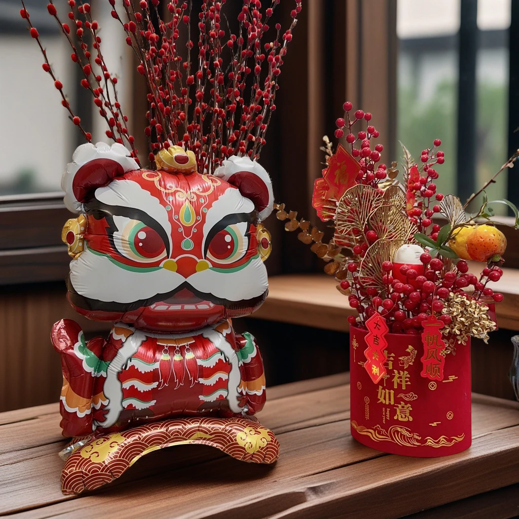 客厅家居装饰新年跨年舞狮财神爷招财猫吉祥物铝膜小站立气球