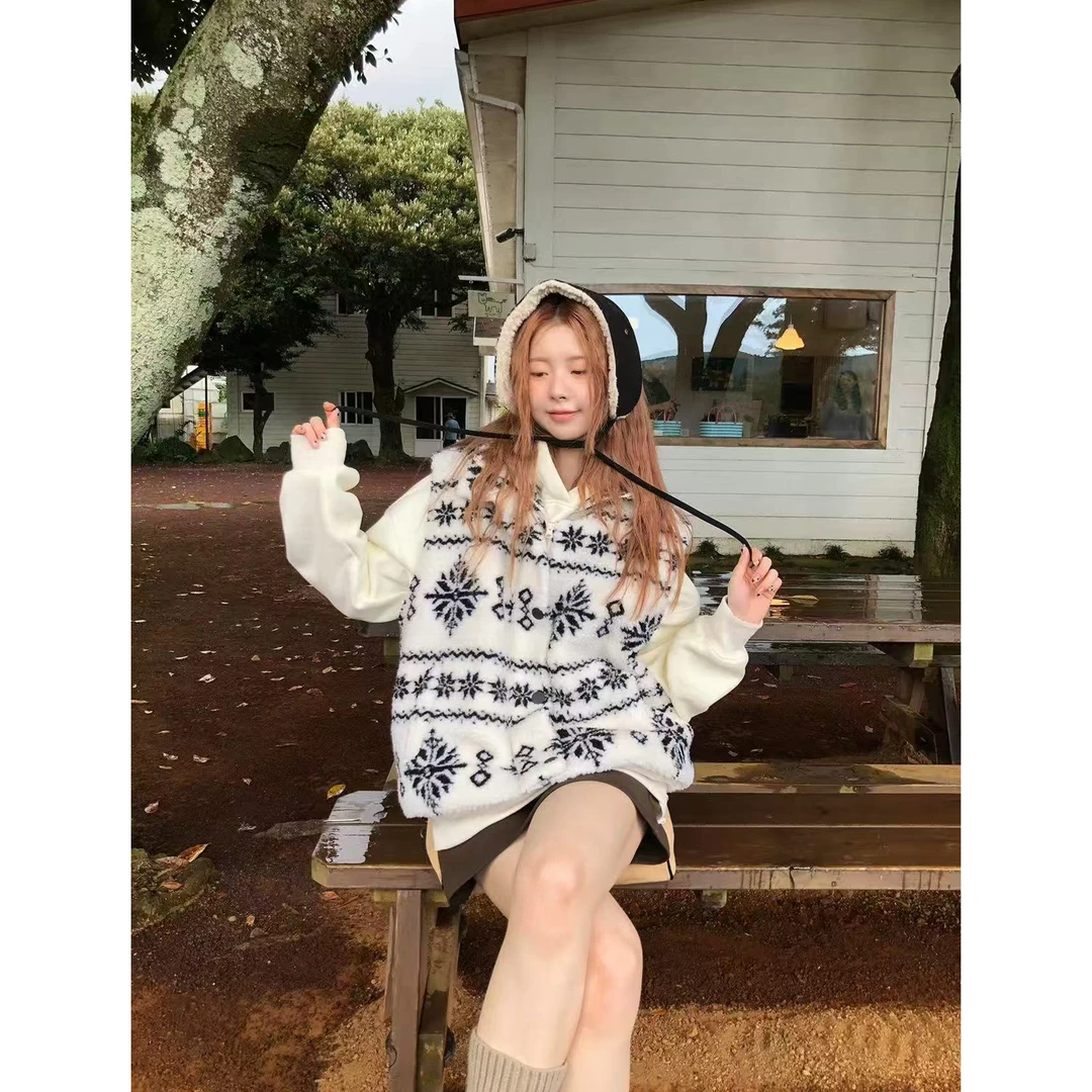 北欧设计感白色费尔岛拉链毛衣外套女秋冬慵懒风开衫马甲Z 9573#