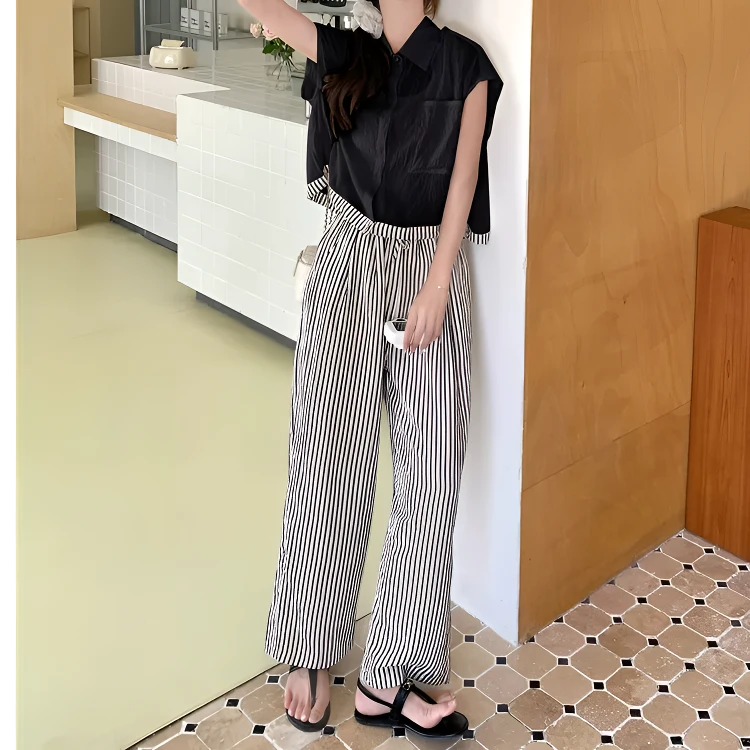 519短款落肩竖条纹拼接衬衫+阔腿裤时尚慵懒风两件套