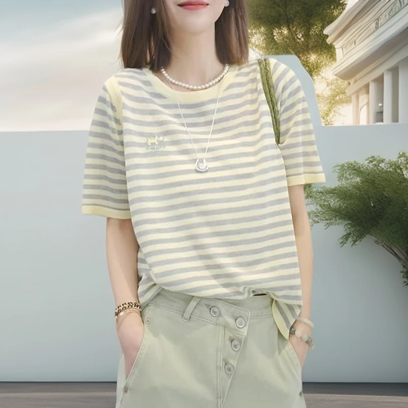 设计感圆领条纹拼色短袖t恤女大码胖MM打底衫女款爆款2025新款