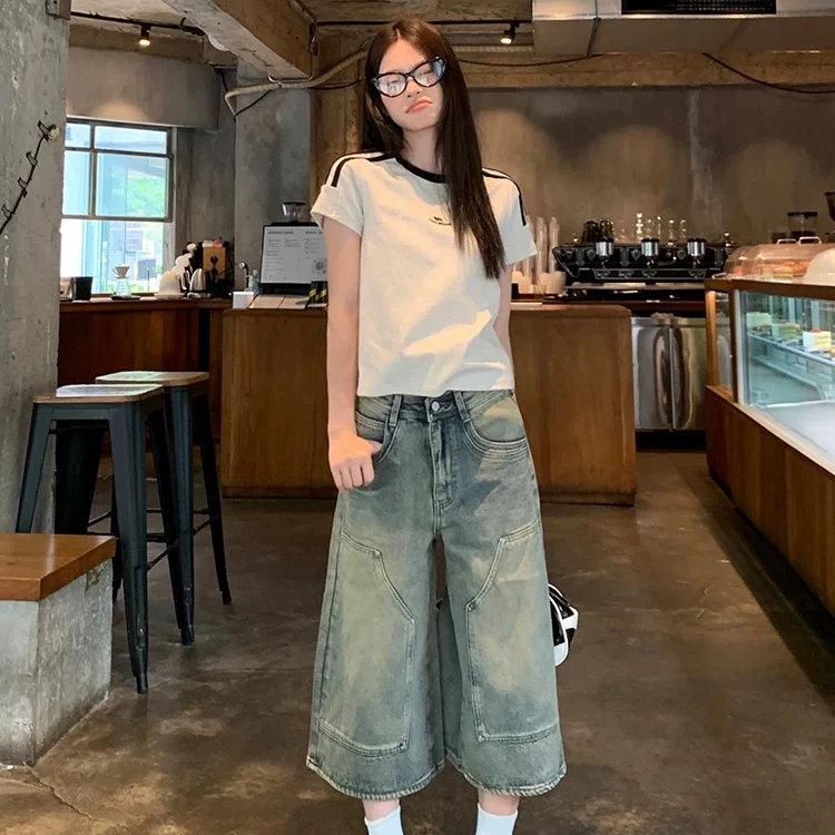 D8113美式复古高腰阔腿牛仔裤夏季新款设计感宽松显瘦直筒八分裤