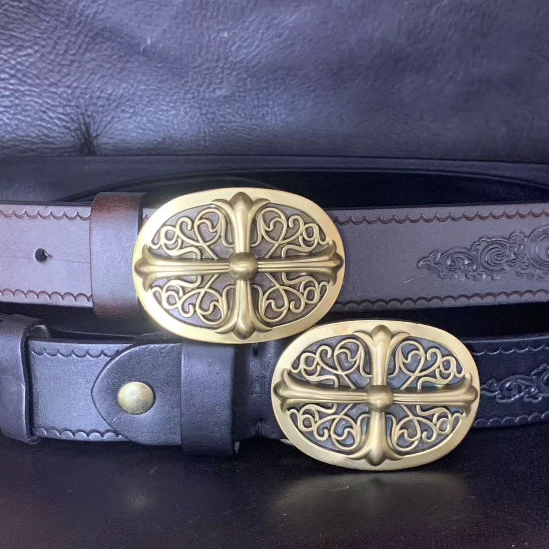 十字架实心铜板扣男士复古头层牛皮腰带时尚牛仔裤皮带