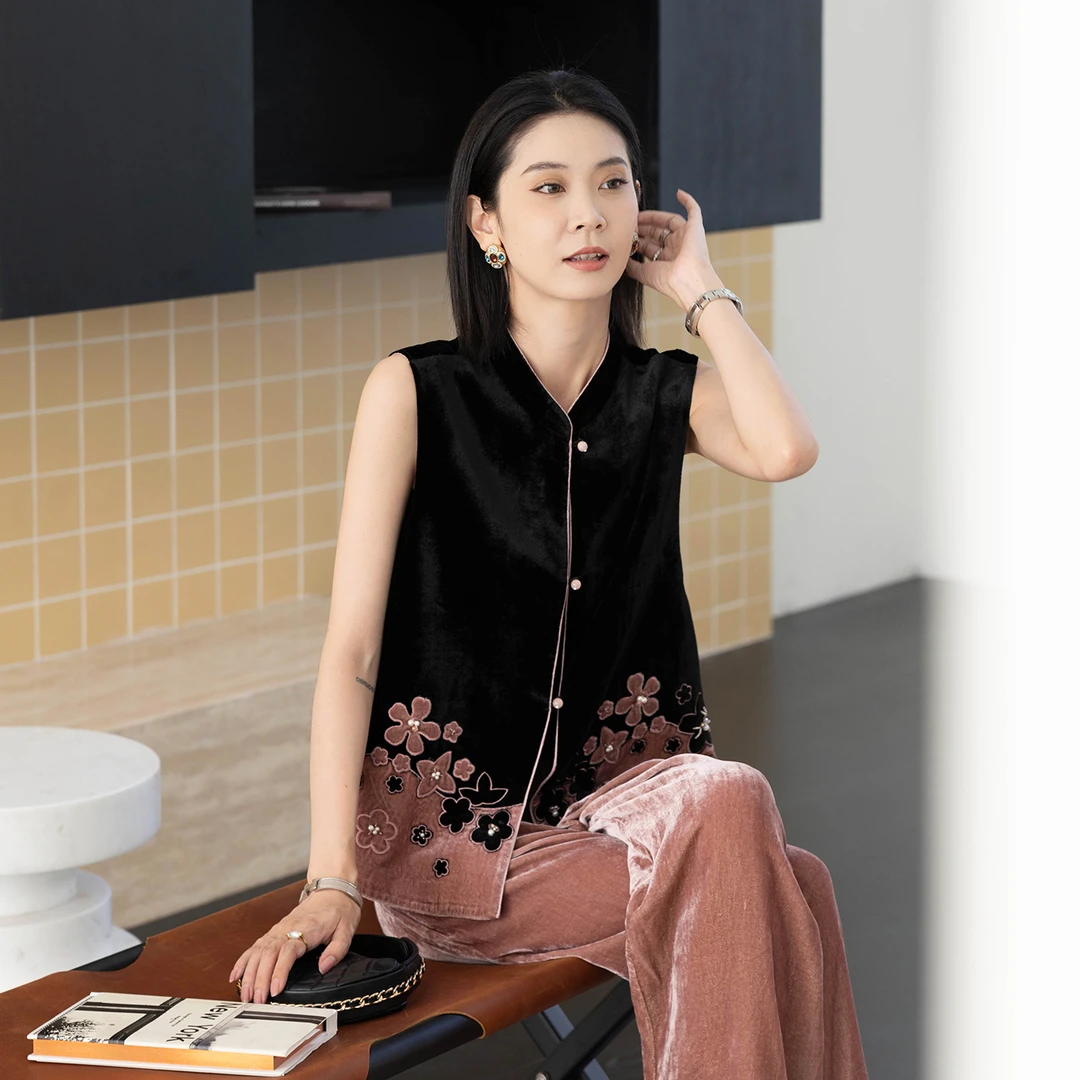 CHENSMCHEN桑蚕丝国风丝绒马夹女夏复古精致新中式上衣CSEJ7010MX