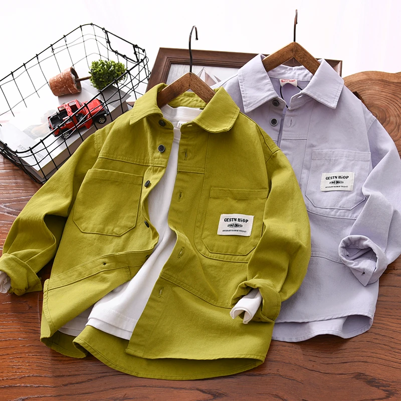 男童衬衫春秋款2025中大童男孩亲肤儿童装百搭休闲口袋长袖潮