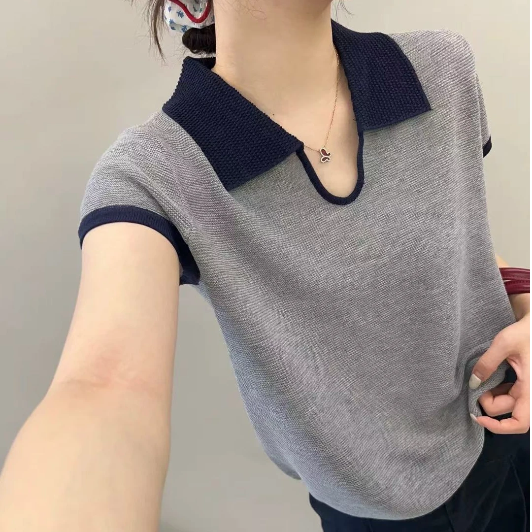 【高品质】夏季新款撞色翻领短袖针织衫女款显瘦百搭短袖冰丝上衣潮