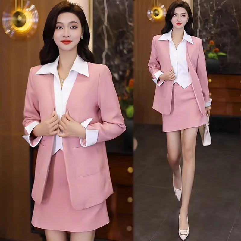 时尚西装套装女2025年新款假两件拼接西服外套气质减龄短裙两件套