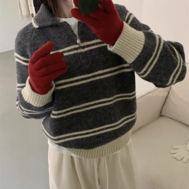 秋冬韩系撞色条纹半拉链polo翻领宽松套针织衫内搭软糯保暖毛衣