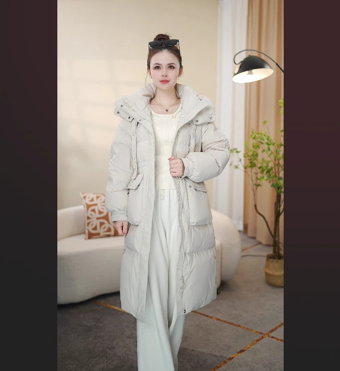 时尚洋气女2024冬季新款收腰中长款连帽保暖加厚白鸭绒外套D25