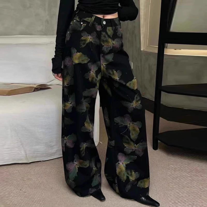 复古时髦洋气印花蝴蝶牛仔裤女2025年春夏新款宽松休闲阔腿拖地裤