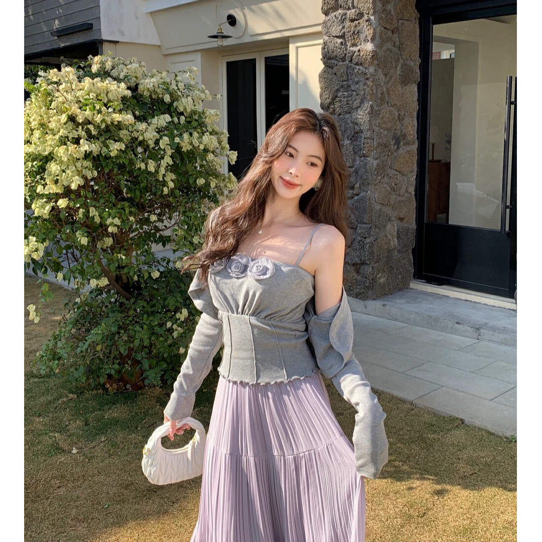 法式气质 浪漫花朵纯欲针织开衫花朵吊带压褶大裙摆长裙半身裙