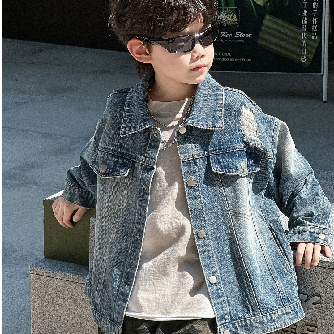 麦哟哟男童秋季牛仔外套洋气休闲宽松潮流帅气韩版潮酷洋气破洞
