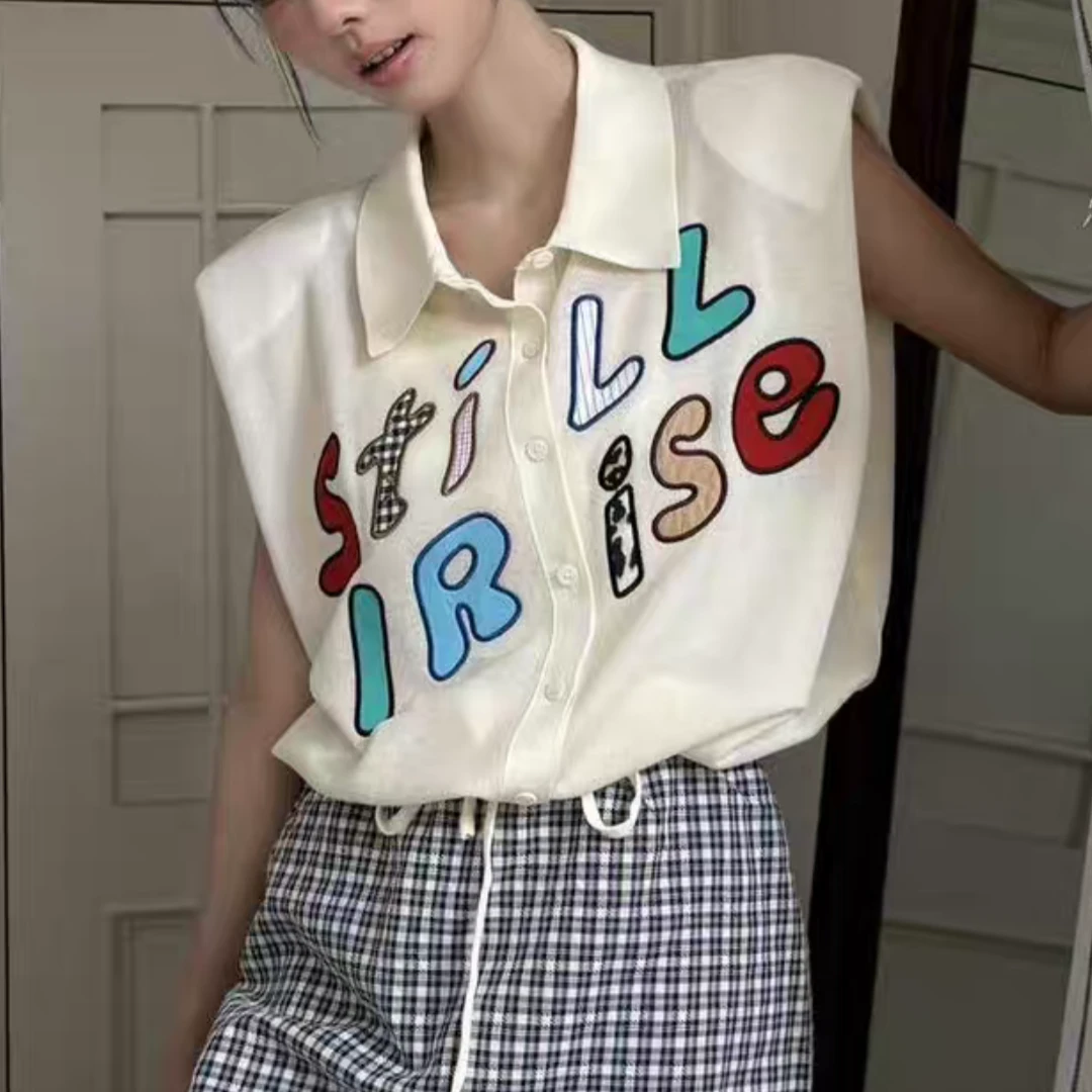 【济州岛】多巴胺彩色字母刺绣设计无袖针织衫