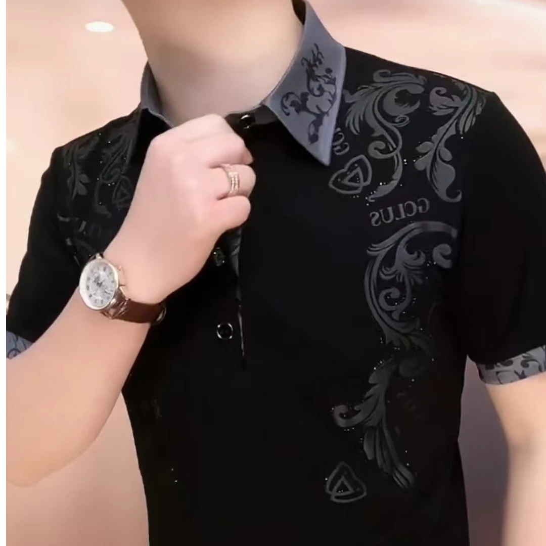 《黑藤蔓》POLO衫男士休闲夏季半袖潮流修身翻领商务轻奢韩版印花潮