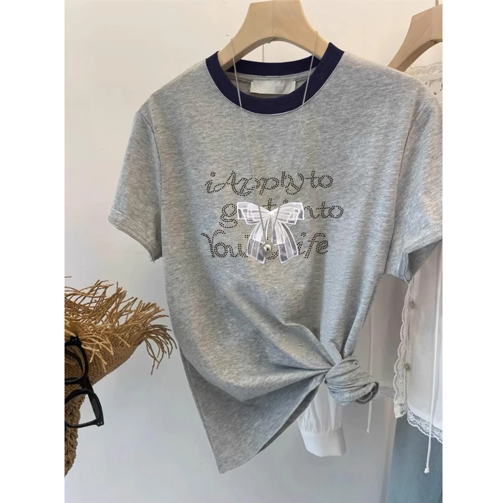 2025新款正肩拼色纯棉短袖t恤女设计感小众时尚百搭洋气上衣夏季