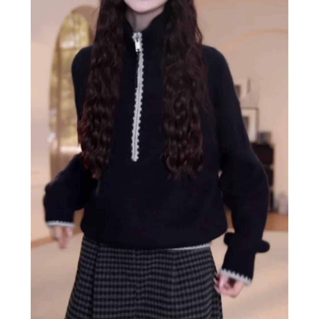 2025秋冬新款慵懒风韩版百搭长袖针织衫时尚减龄高领半拉链毛衣女