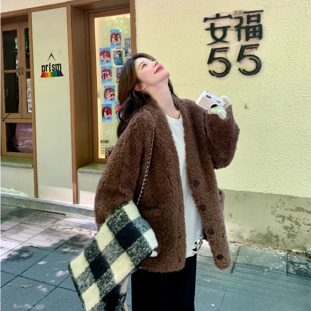 【大發家】100%羊毛冬季新款女士羊毛外套颗粒羊毛宽松时尚休闲