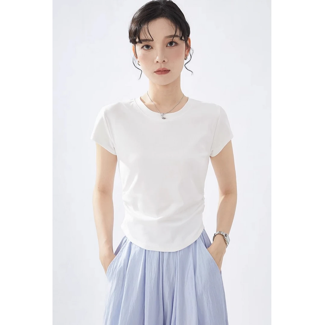 GUIER/桂儿白色不规则短袖T恤女夏褶皱收腰修身显瘦圆领上衣G2661