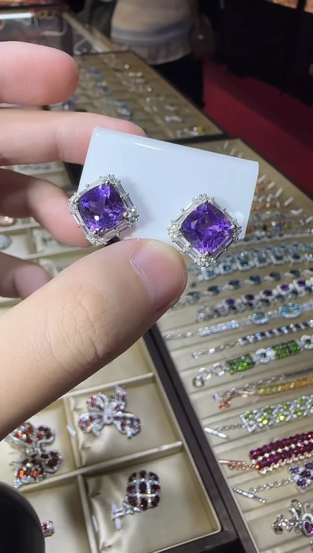 银S925镶嵌耳饰紫晶帝王紫耳钉10mm