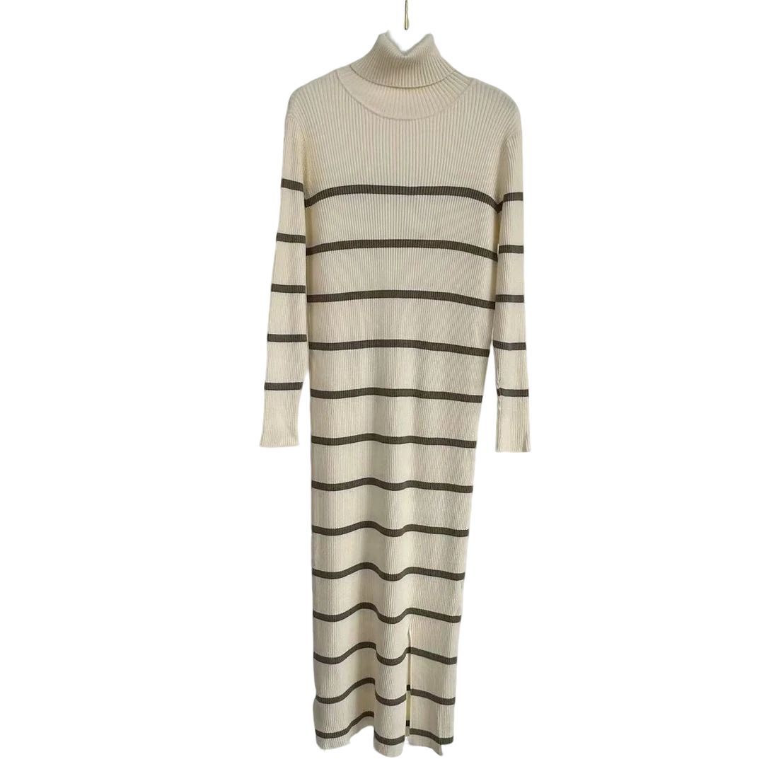 316简约条纹加厚打底毛衣裙秋冬中长款过膝针织裙