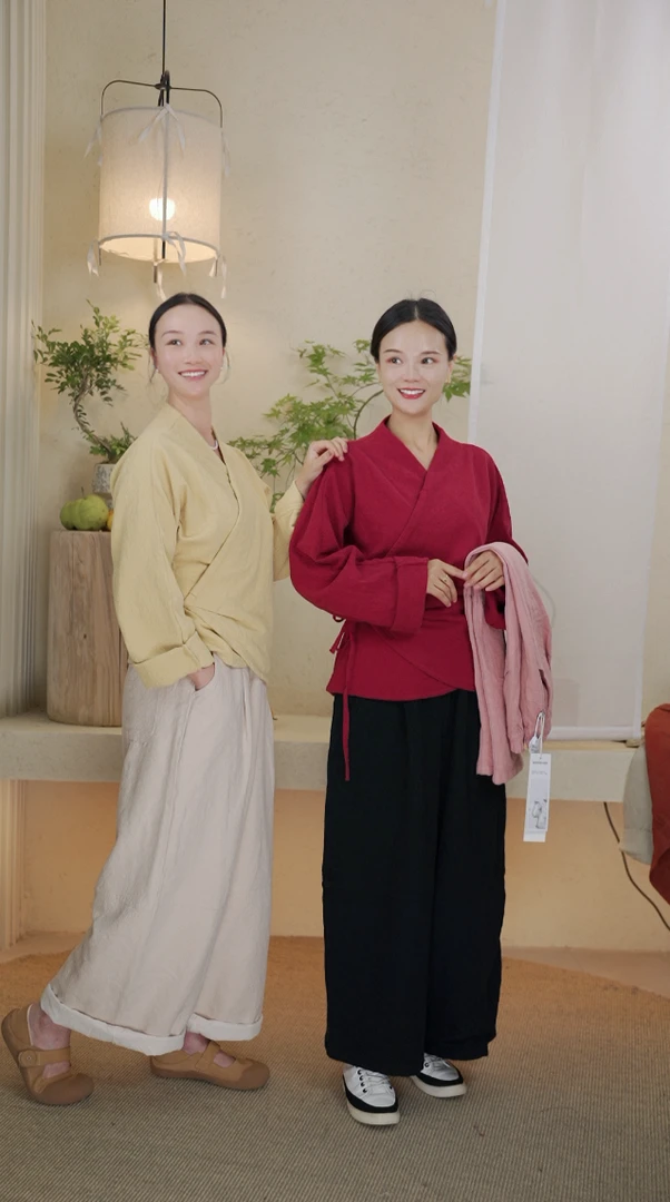 七初棉麻布衣 秋冬棉麻提花宽松双层豌豆裤