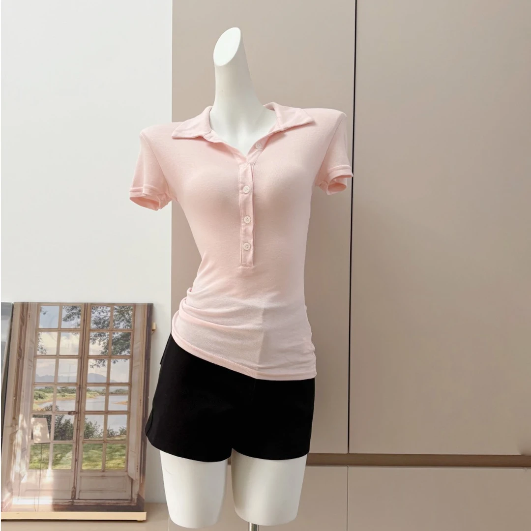 粉色POLO衫短袖t恤女夏季2025新款修身纯欲辣妹美式排扣正肩上衣