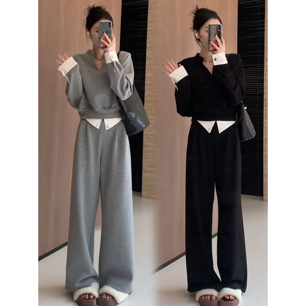 2025小香风时尚套装女春秋领拼接气质小众上衣高腰休闲裤子两件套