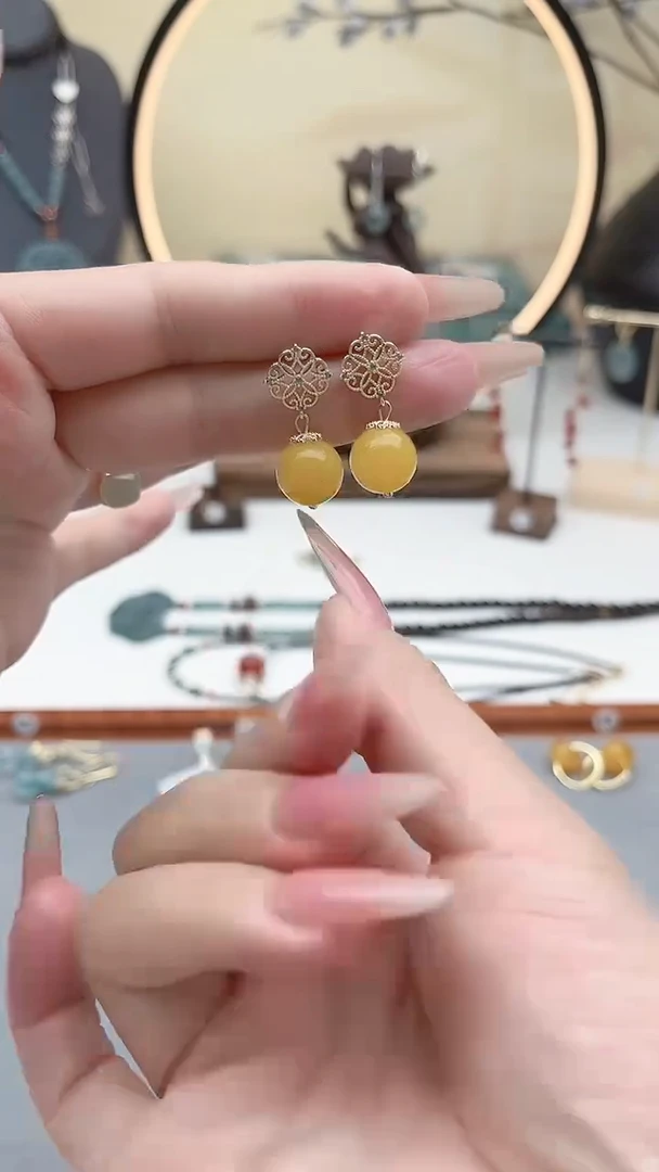 银S925镶嵌耳钉玛瑙/玉髓088黄色耳钉