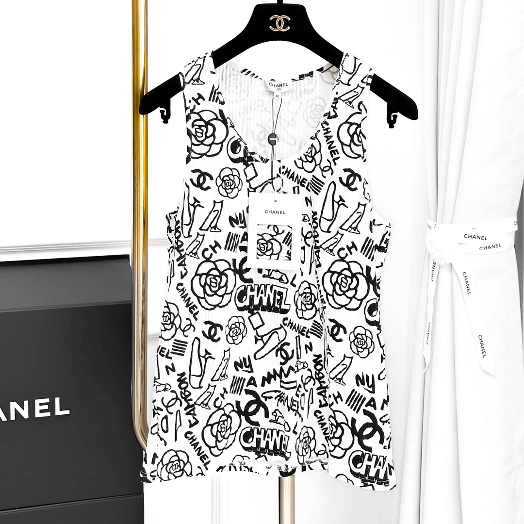 99新 Chanel/香奈儿 40码 白色拼黑色 山茶花字母 无袖 背心