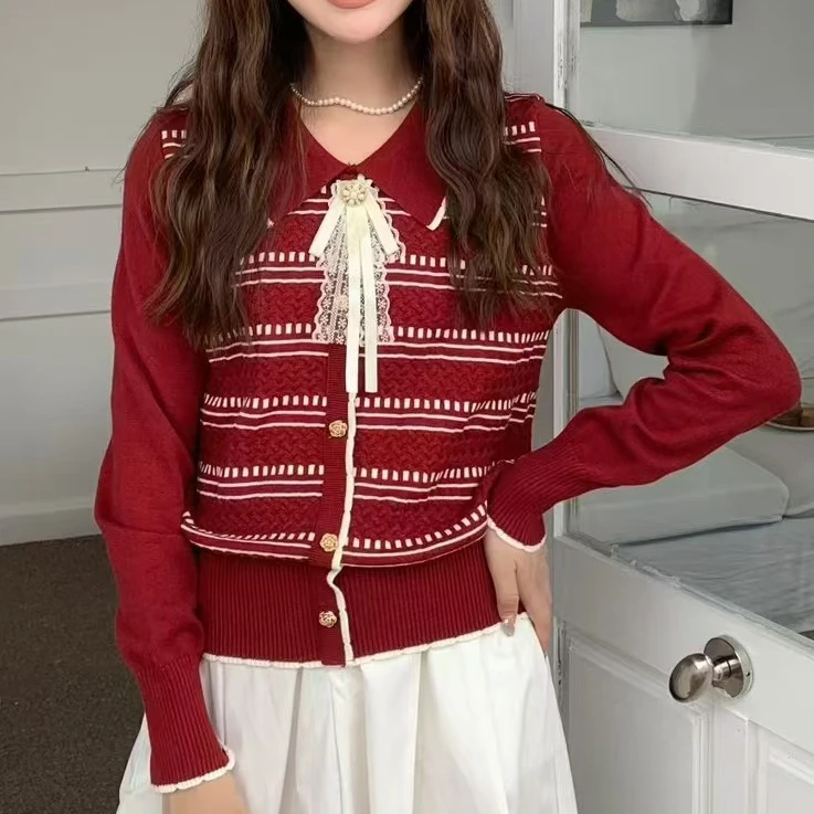 小香风 厚毛衣红色氛围感条纹娃娃领长袖百搭气质针织毛衣衫