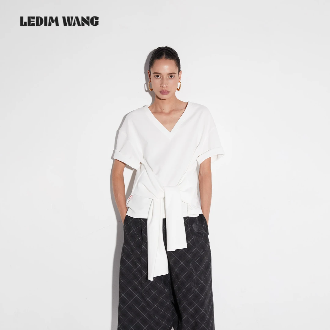 LEDIM WANG【白标系列】简约素白淡人V领绑带短袖T恤女夏宽松上衣