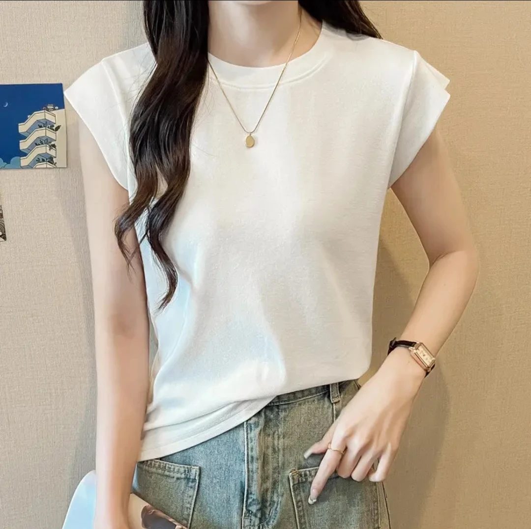 TG洋气莱赛尔天丝小飞袖薄款T恤衫女夏季显瘦透气圆领包袖上衣